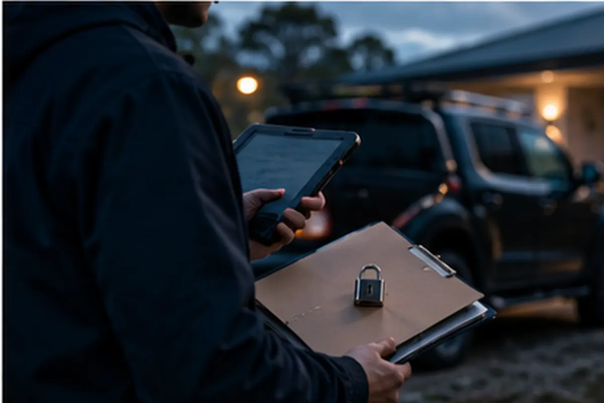 A loss assessor at a property holding a tablet and a locked report folder