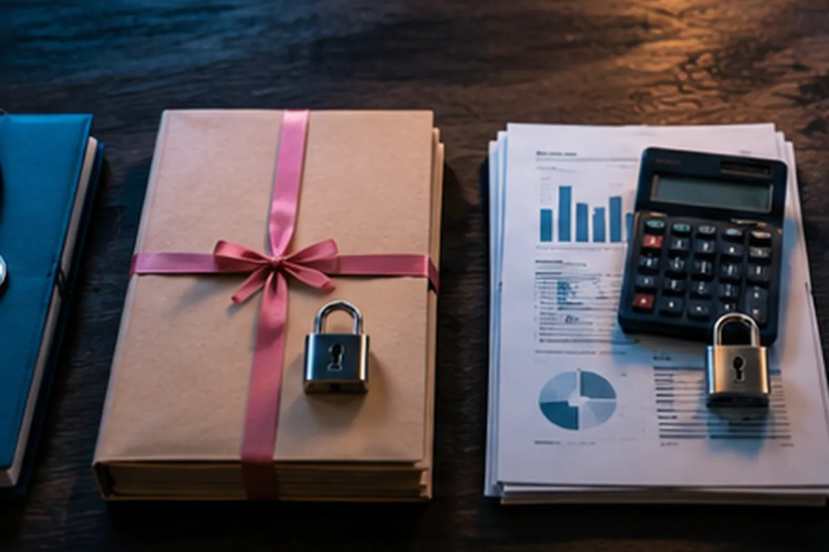 Medical, legal, financial and claims documents on a table, each locked with a padlock